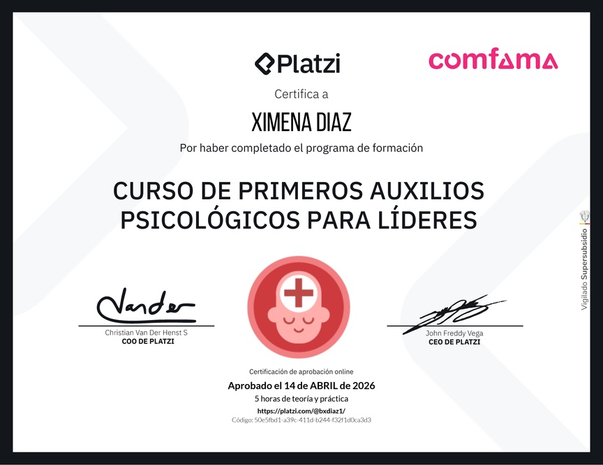 Diploma del Curso de Primeros Auxilios Psicológicos para Líderes