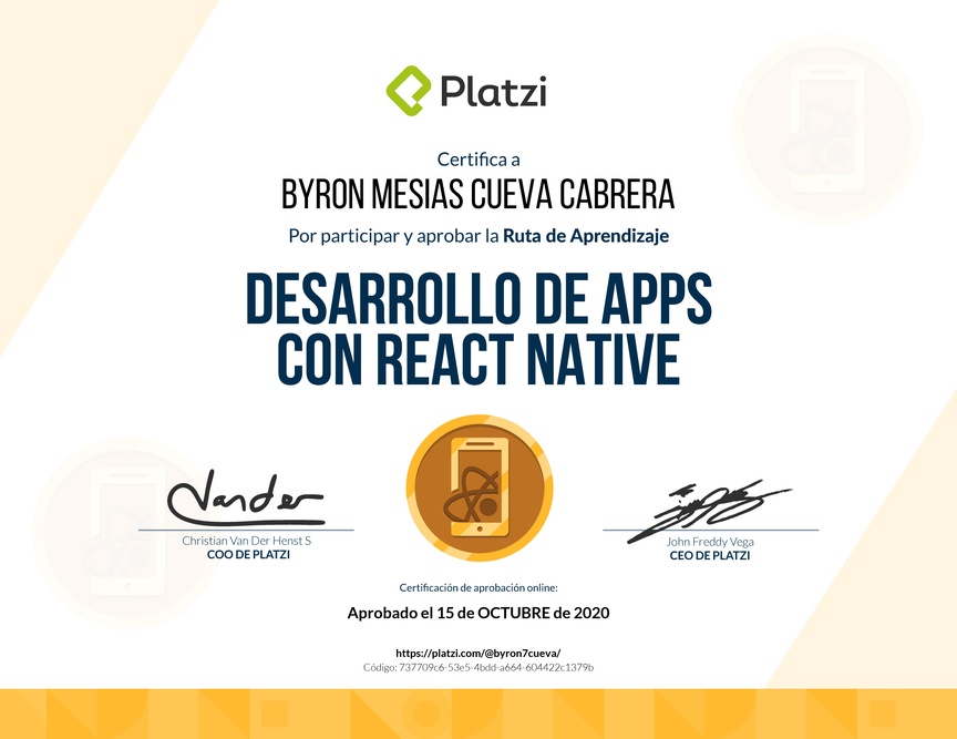 Diploma de la Ruta de Aprendizaje de Desarrollo de Apps con React Native