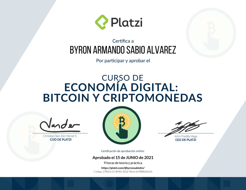 Diploma del Curso de Lectura Economía Digital: Bitcoin y Criptomonedas