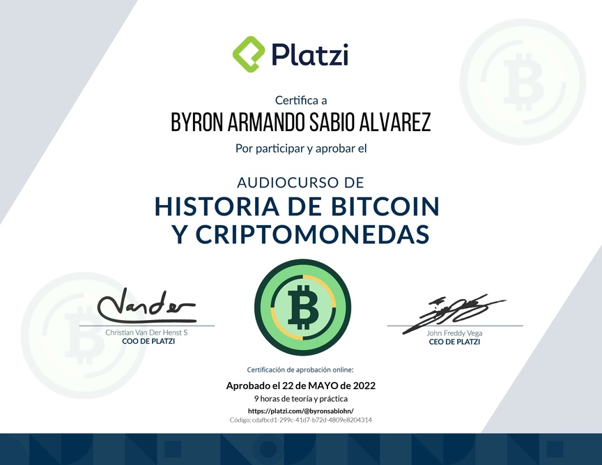 Diploma de Audiocurso de Historia de Bitcoin y Criptomonedas