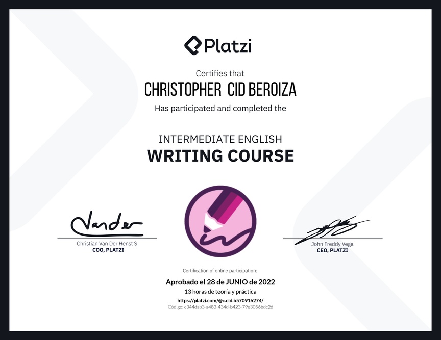 Diploma del Curso Intermedio de Escritura en Inglés