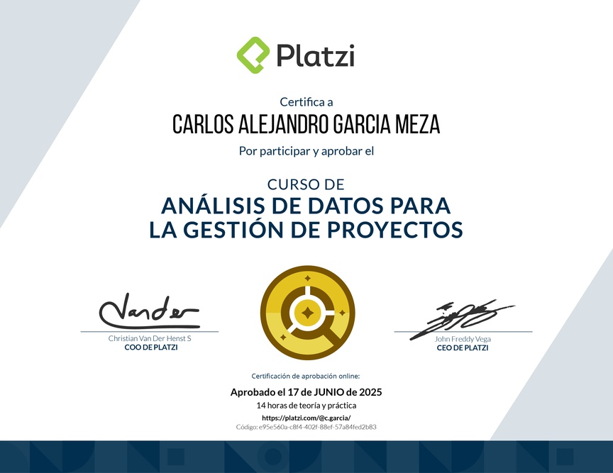 Diploma del Curso de Análisis de Datos para la Gestión de Proyectos