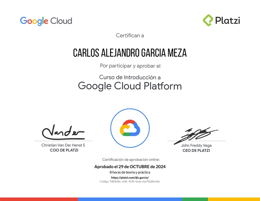 Diploma del Curso de Introducción a Google Cloud Platform