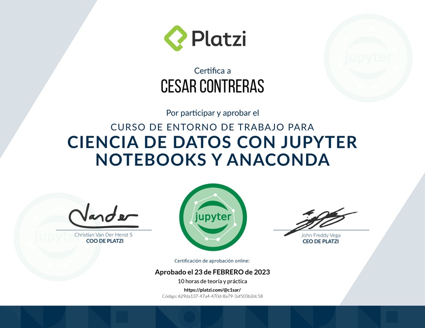 Diploma del Curso de Entorno de Trabajo para Ciencia de Datos con Jupyter Notebooks y Anaconda