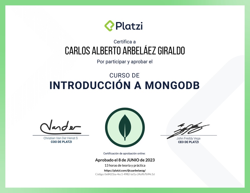 Diploma del Curso de Introducción a MongoDB