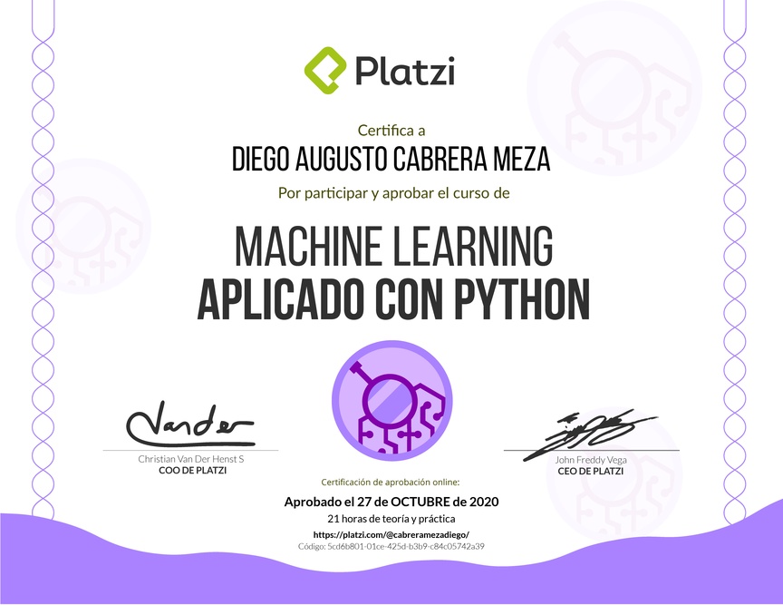Diploma del Curso de Machine Learning Aplicado con Python