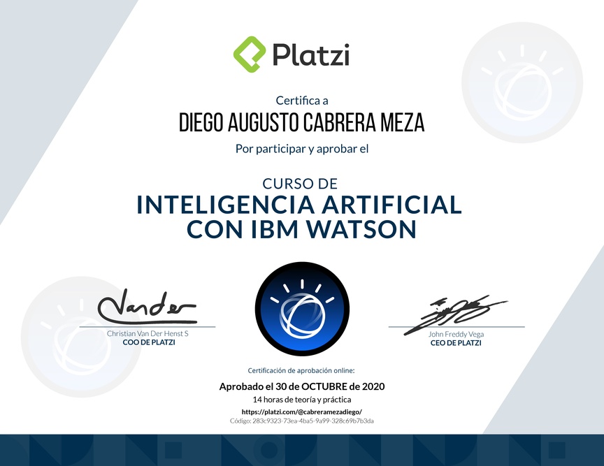 Diploma del Curso de Inteligencia Artificial con IBM Watson