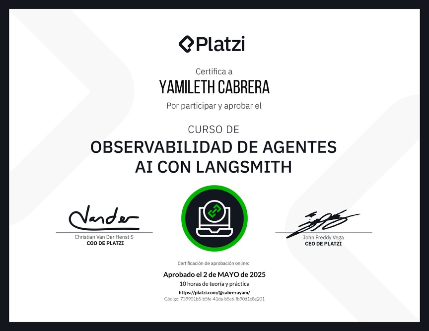 Diploma del Curso de Observabilidad de Agentes AI con LangSmith