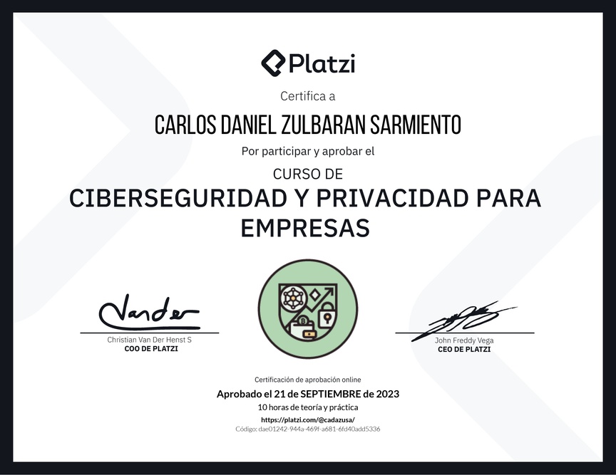 Diploma del Curso de Ciberseguridad y Privacidad Empresarial (2023)