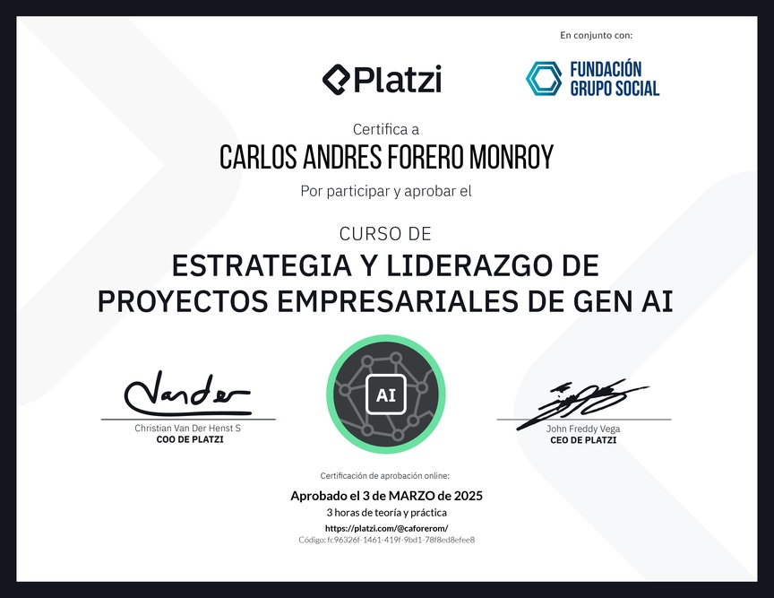 Diploma del Curso de Estrategia y Liderazgo de Proyectos Empresariales de Gen AI