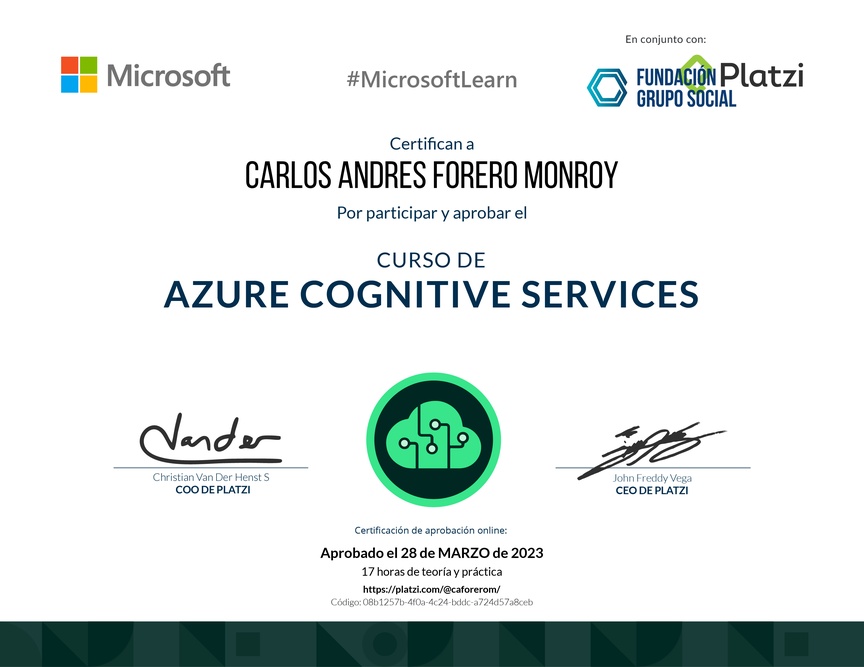 Diploma del Curso de Azure Cognitive Services