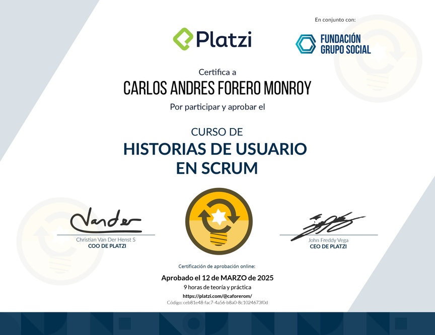 Diploma del Curso de Historias de Usuario en Scrum