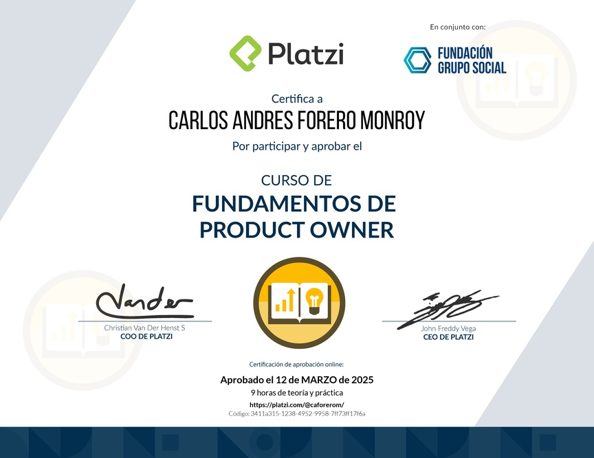 Diploma del Curso de Fundamentos de Product Owner