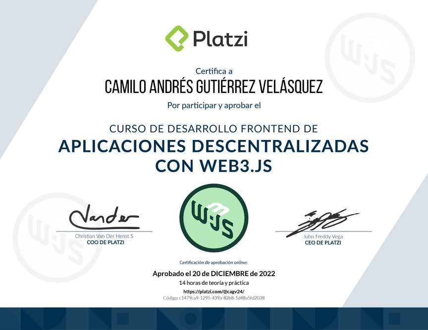 Diploma del Curso de Desarrollo Frontend de Aplicaciones Descentralizadas con Web3.Js