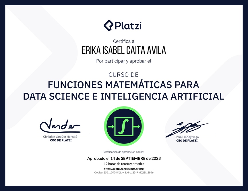 Diploma del Curso de Funciones Matemáticas para Data Science e Inteligencia Artificial