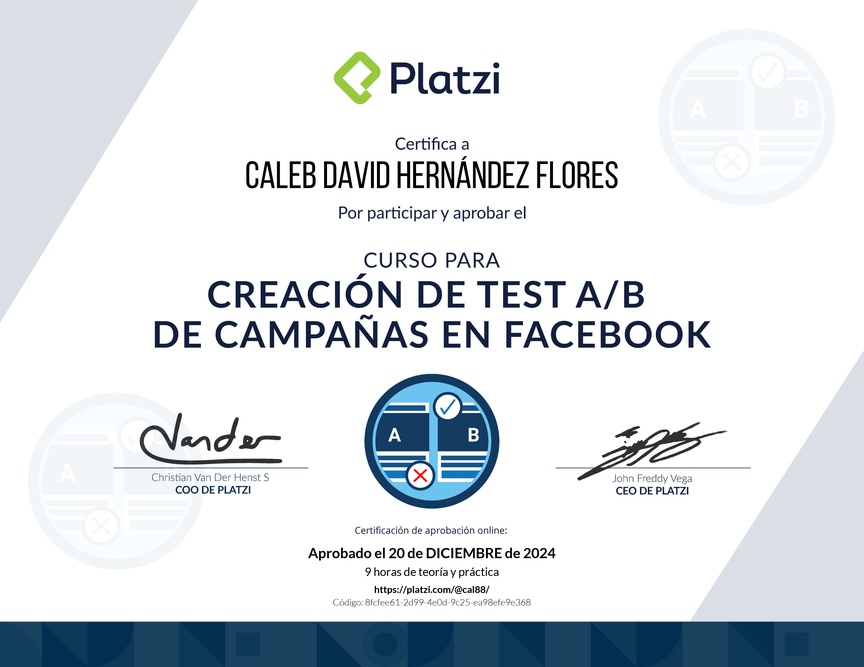 Diploma del Curso para Crear Campañas de A/B Testing en Facebook Ads