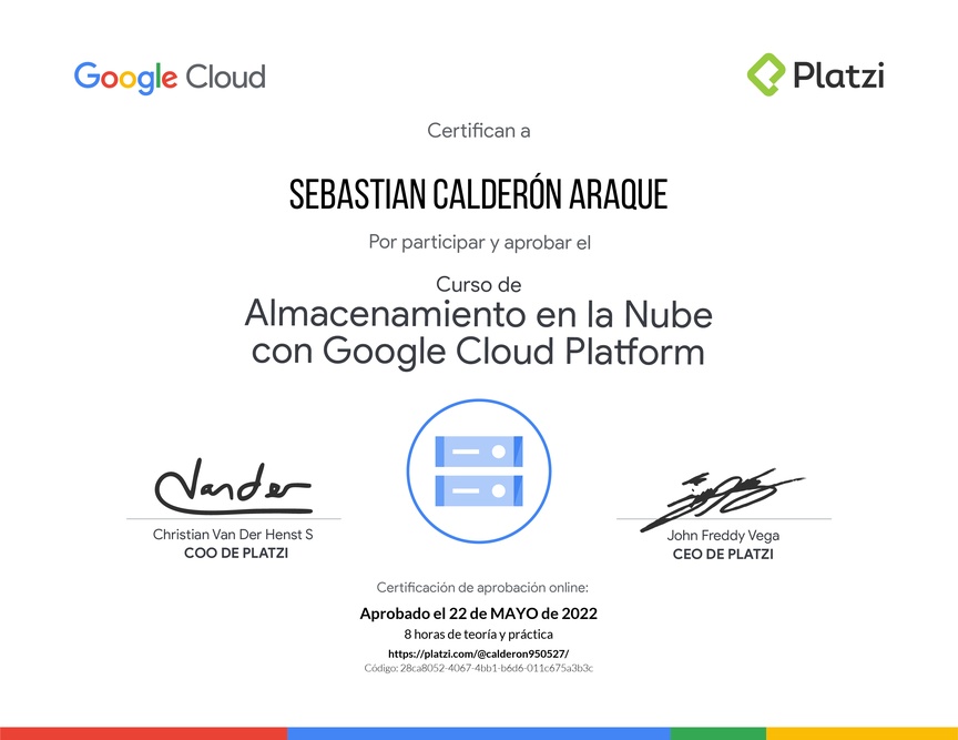 Diploma del Curso de Almacenamiento en la Nube con Google Cloud Platform