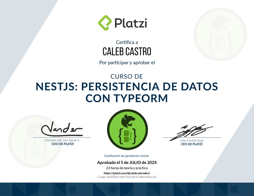 Diploma del Curso de NestJS: Persistencia de Datos con TypeORM
