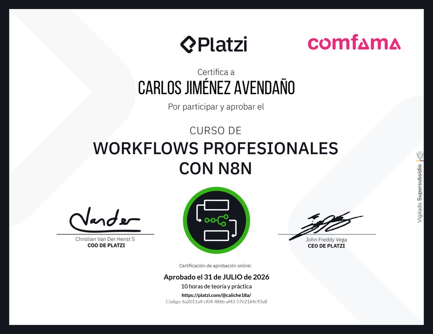 Diploma del Curso de Workflows Profesionales con n8n