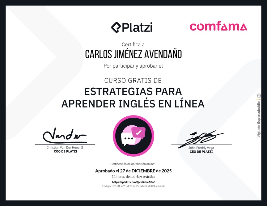 Diploma del Curso Gratis de Estrategias para Aprender Inglés en Línea