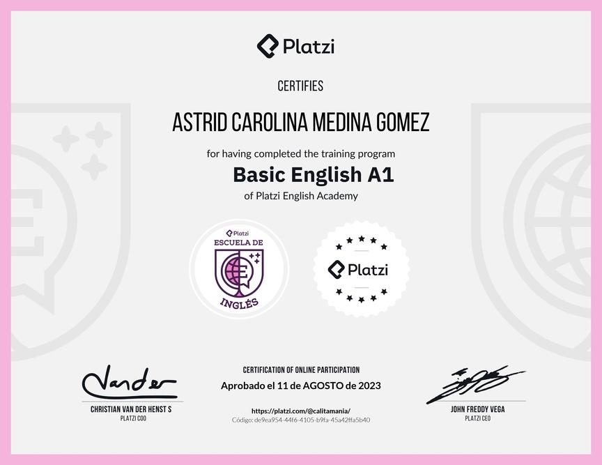 Diploma de la Ruta de Aprendizaje de Inglés Básico A1