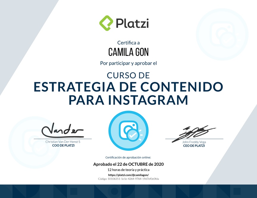 Diploma del Curso de Estrategia de Contenido para Instagram