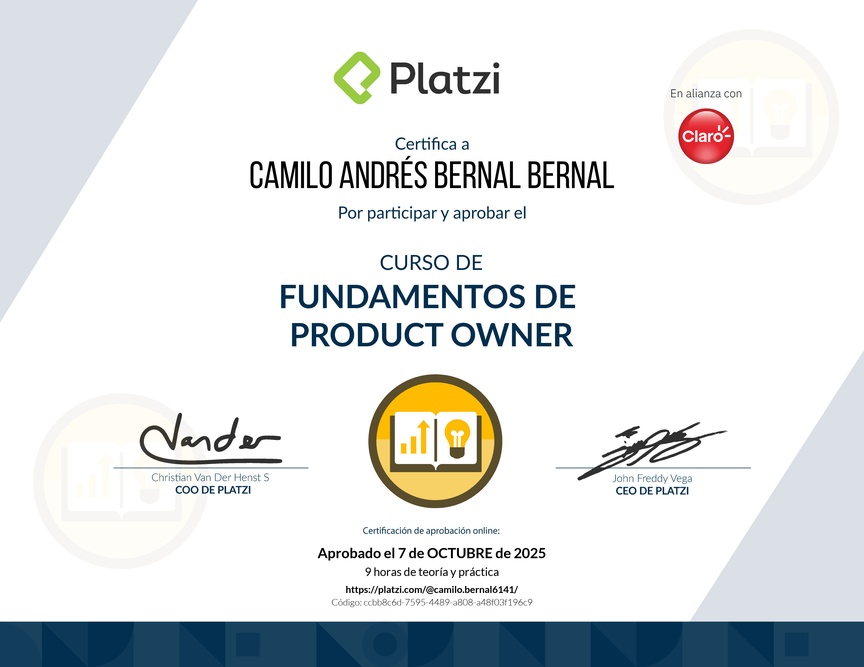 Diploma del Curso de Fundamentos de Product Owner