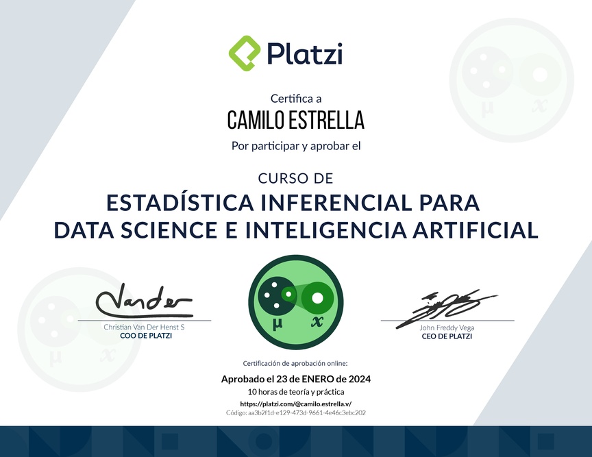 Diploma del Curso de Estadística Inferencial para Data Science e Inteligencia Artificial