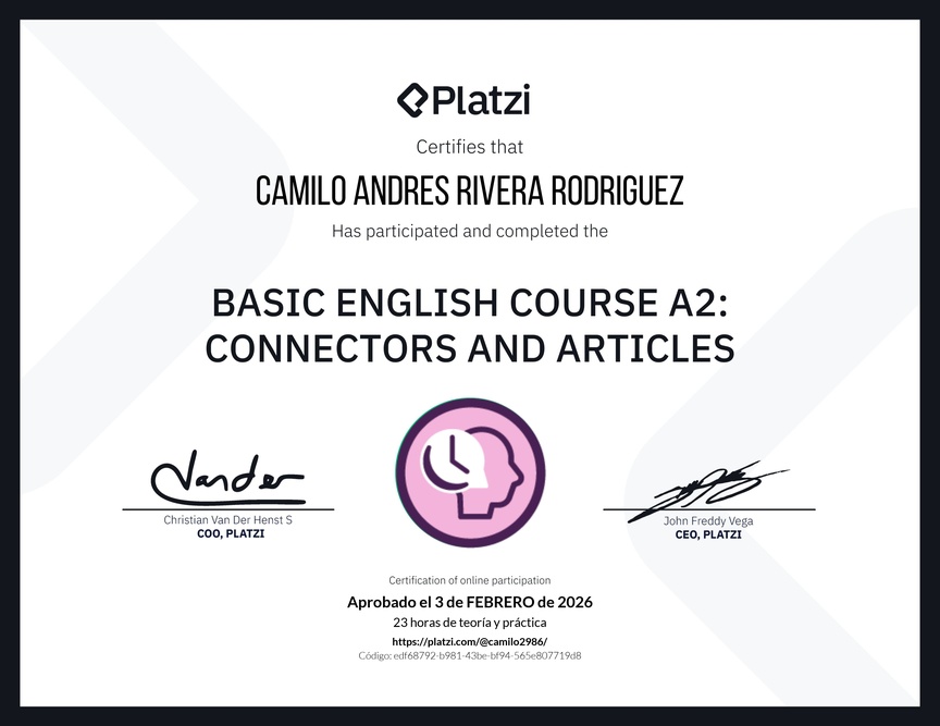 Diploma del Curso de Inglés Básico A2: Conectores y Artículos
