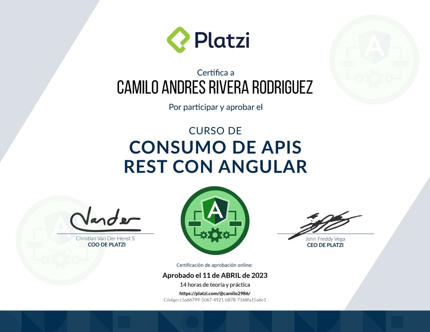 Diploma del Curso de Consumo de APIs REST con Angular
