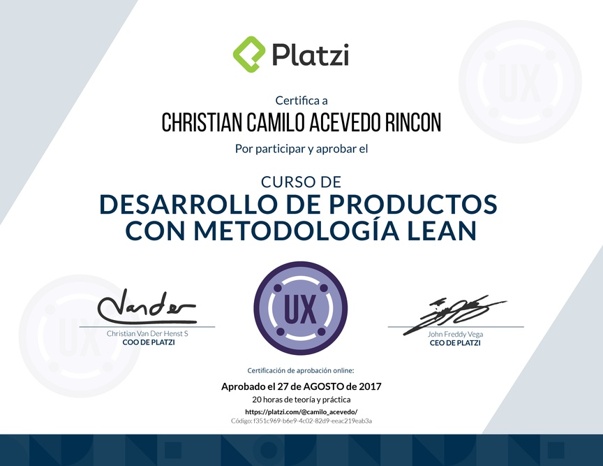 Diploma del Curso de Desarrollo de Productos con Metodología Lean 2016