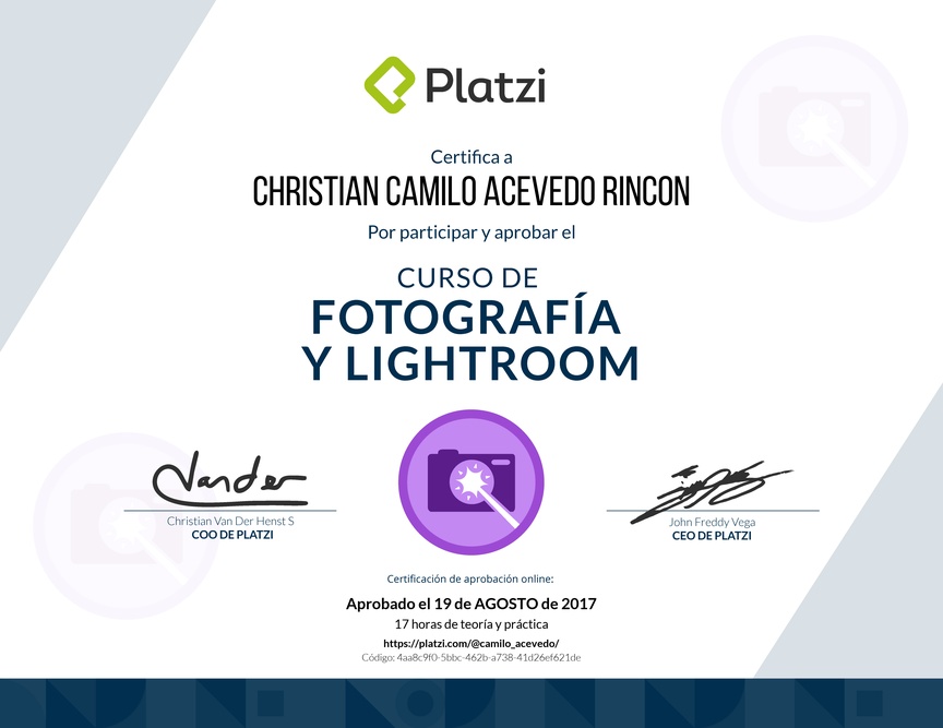 Diploma del Curso de Fotografía y Lightroom 2017