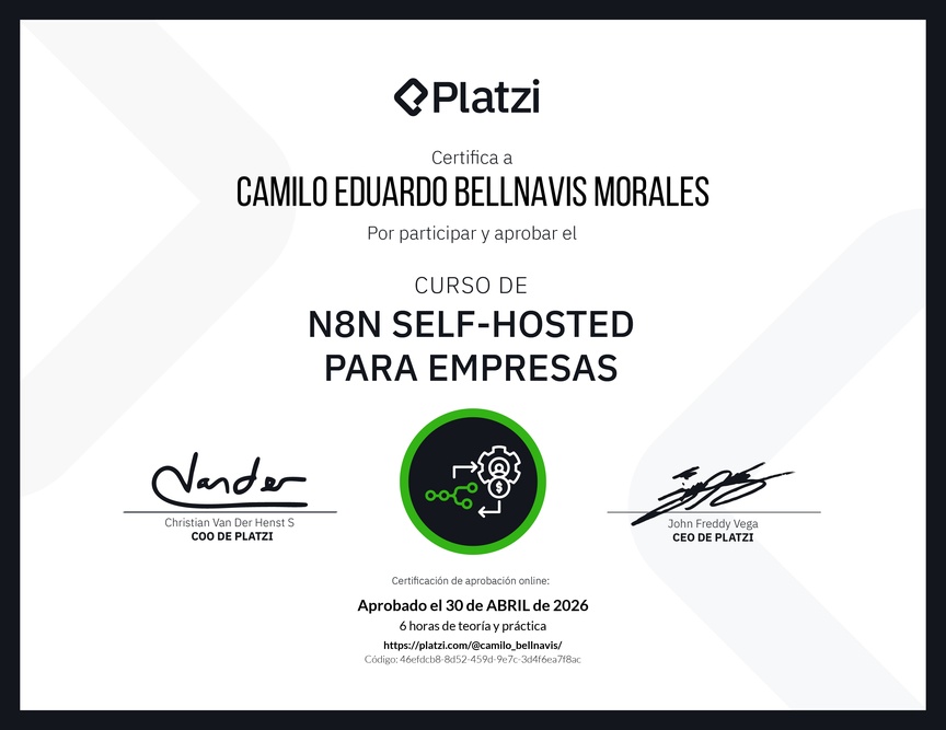 Diploma del Curso de n8n Self-Hosted para Empresas