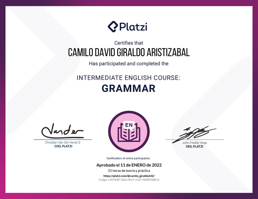 Diploma del Curso Intermedio de Gramática en Inglés (2020)