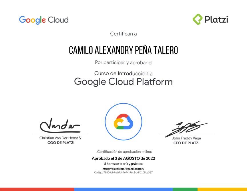 Diploma del Curso de Introducción a Google Cloud Platform