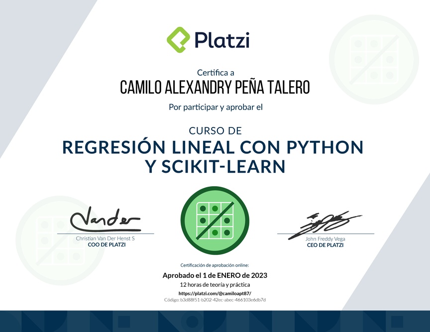 Diploma del Curso de Regresión Lineal con Python y scikit-learn