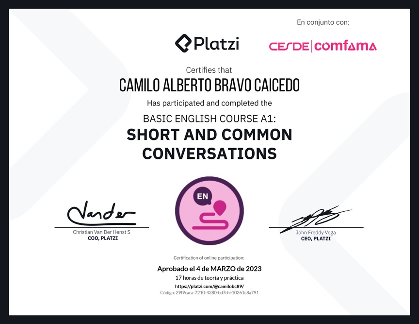 Diploma del Curso de Inglés Básico A1: Conversaciones Cortas y Habituales (2020)