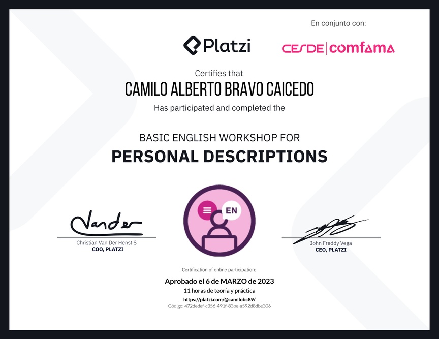 Diploma del Curso de Inglés Práctico para Descripciones Personales (2020=