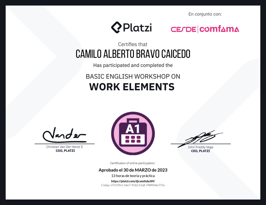 Diploma del Curso de Inglés Práctico sobre Elementos de Trabajo