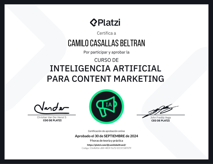 Diploma del Curso de Inteligencia Artificial para Content Marketing