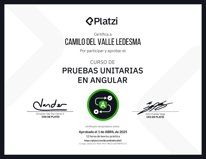 Diploma del Curso de Pruebas Unitarias en Angular