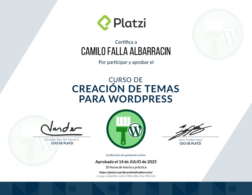 Diploma del Curso de Creación de Temas para WordPress
