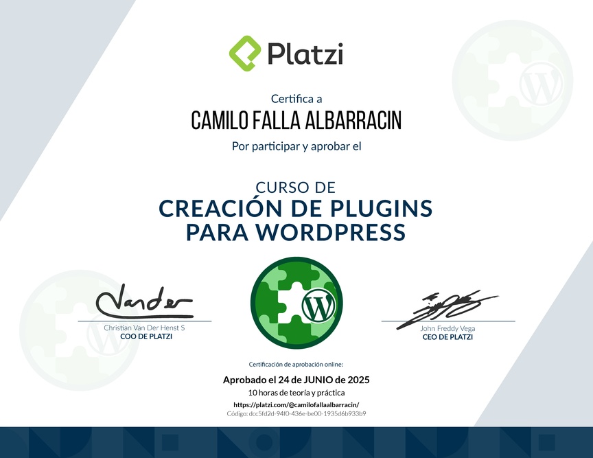 Diploma del Curso de Creación de Plugins para WordPress