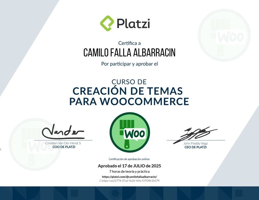 Diploma del Curso de Creación de Temas para WooCommerce