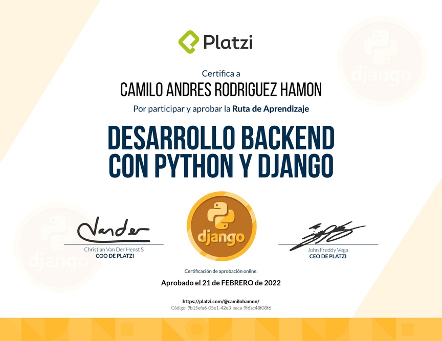 Diploma de la Ruta de Aprendizaje de Desarrollo Backend con Python y Django