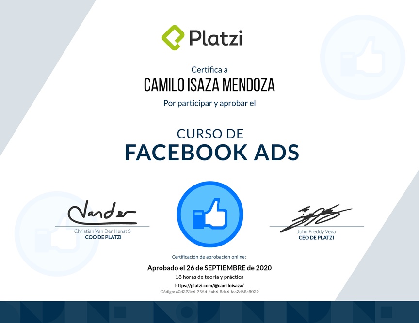 Diploma del Curso de Facebook Ads 2020