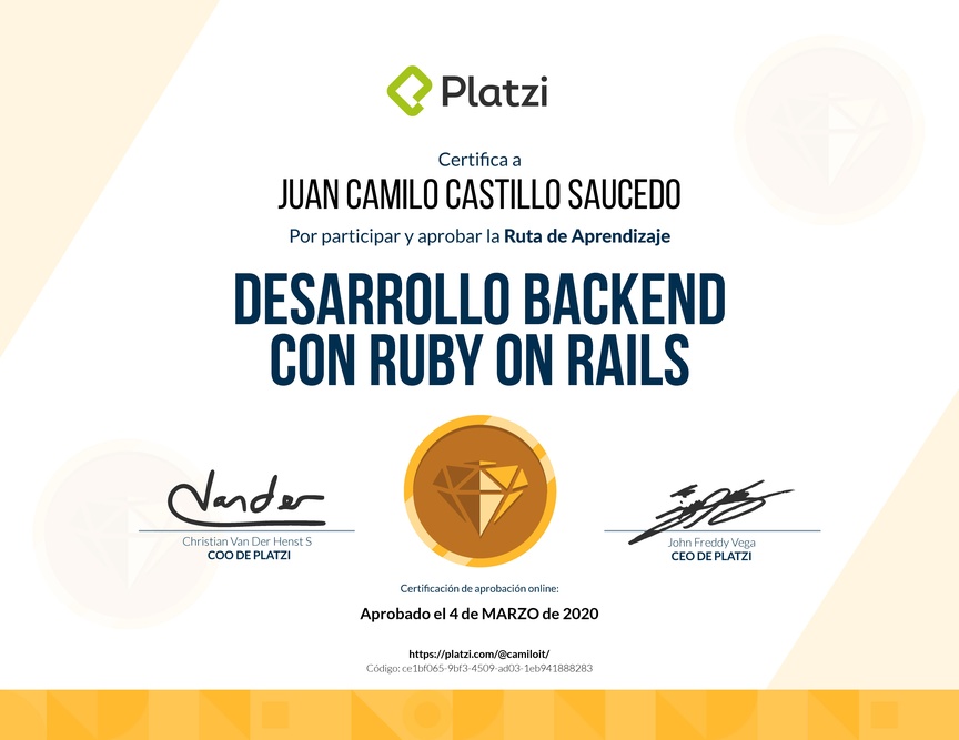 Diploma de la Ruta de Aprendizaje de Desarrollo Web Backend con Ruby on Rails