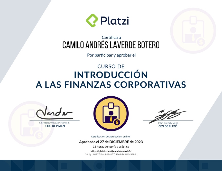 Diploma del Curso de Introducción a las Finanzas Corporativas