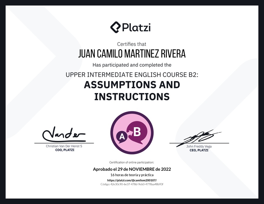 Diploma del Curso de Inglés Intermedio Alto B2: Suposiciones e Instrucciones