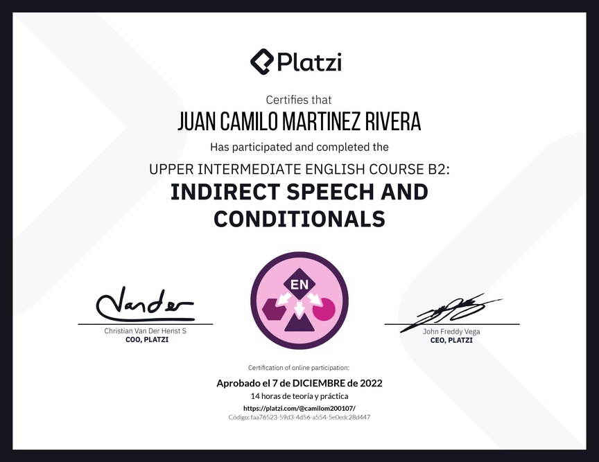 Diploma del Curso de Inglés Intermedio Alto B2: Discurso Indirecto y Condicionales